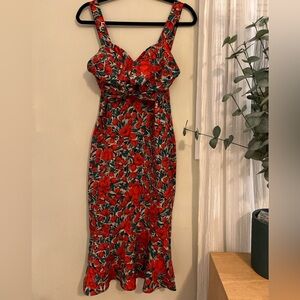 Sevenfour Vibrant Red Floral Pencil Midi Mermaid Dress